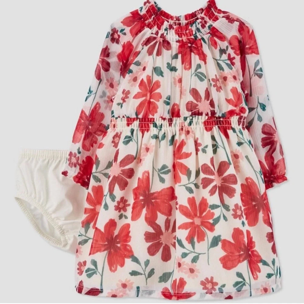 Carter's Cream and Red Floral Longsleeve Dress